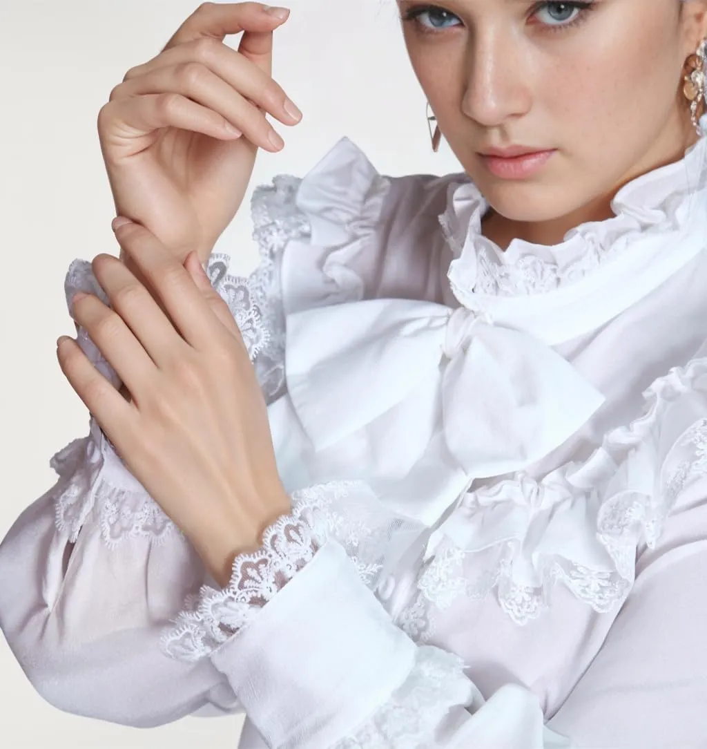 Women Victorian Blouse Long Sleeve Shirts Stand Collar Lotus Ruffled Medieval Gothic Tops