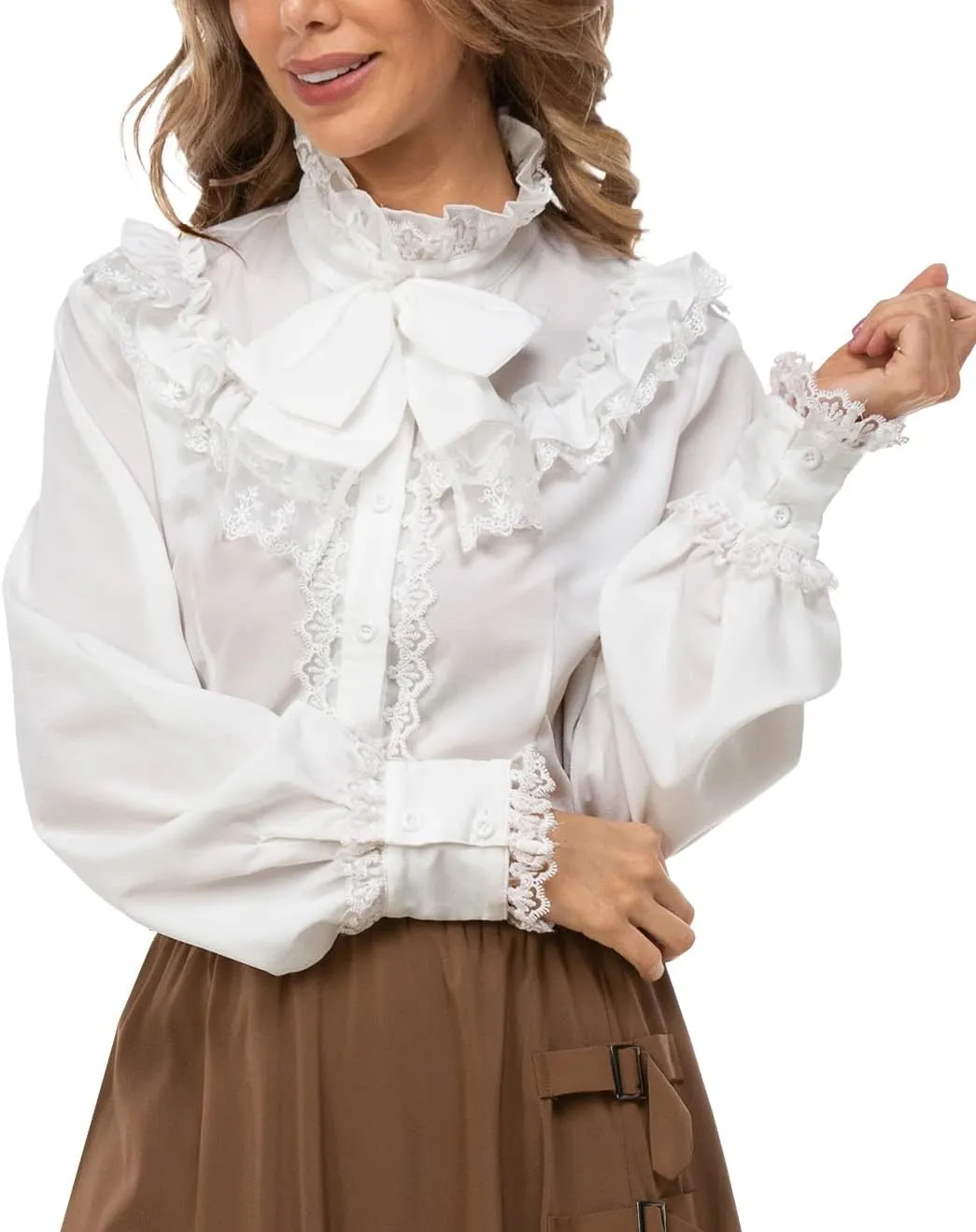 Women Victorian Blouse Long Sleeve Shirts Stand Collar Lotus Ruffled Medieval Gothic Tops