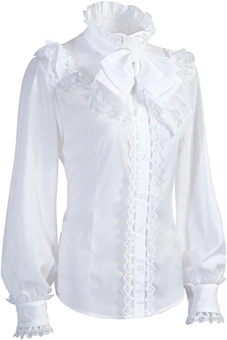 Women Victorian Blouse Long Sleeve Shirts Stand Collar Lotus Ruffled Medieval Gothic Tops