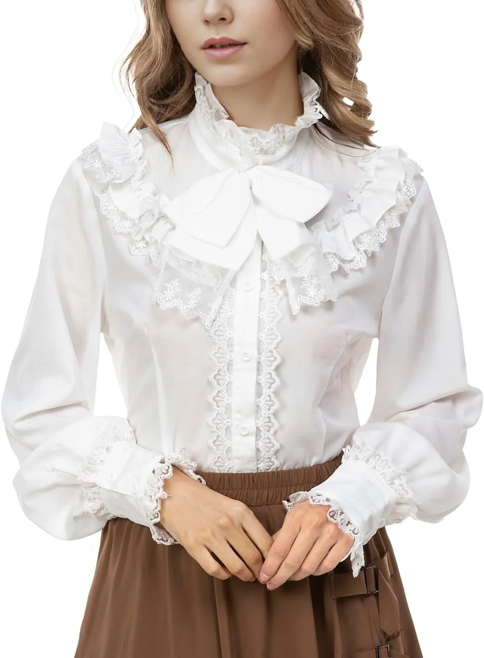 Women Victorian Blouse Long Sleeve Shirts Stand Collar Lotus Ruffled Medieval Gothic Tops