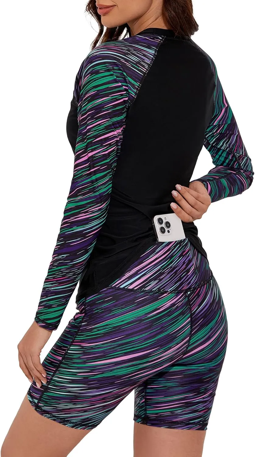 Women's 2 Piece Rash Guard UPF 50  Long Sleeve Swim Shirt Built in Bra Swimsuit with Boyshorts with Pockets