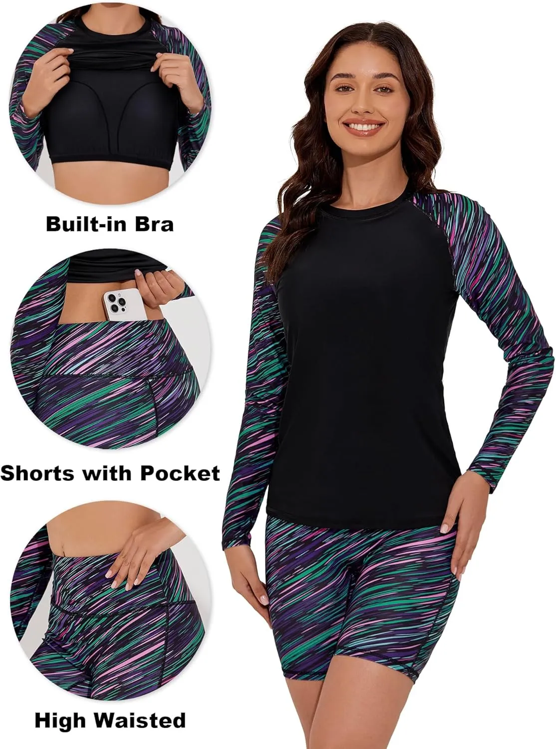 Women's 2 Piece Rash Guard UPF 50  Long Sleeve Swim Shirt Built in Bra Swimsuit with Boyshorts with Pockets