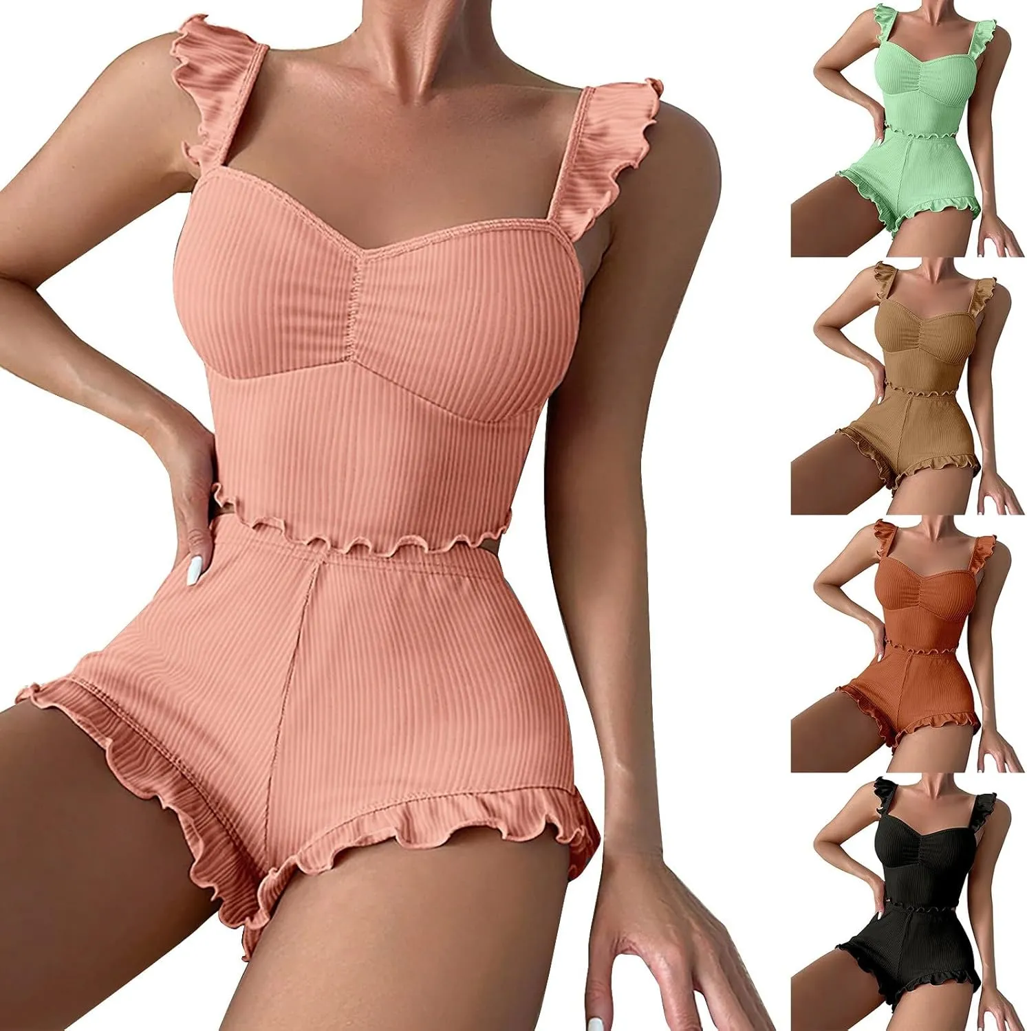 Women's 2 Piece Ribbed Knit Pajamas Ruffle Sleeveless Cami Top and Shorts Pj Sets Loungewear Sleepwear Lingerie Sets