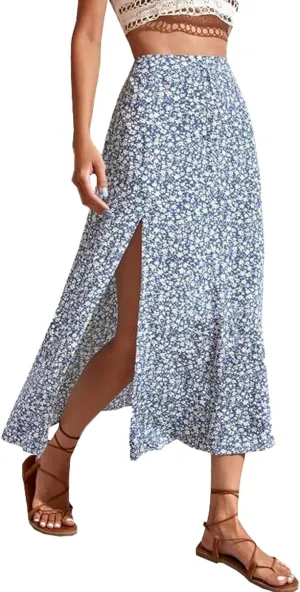 Womens 2024 Summer High Waisted Flowy Slit Midi Skirts Casual Lightweight Boho Floral Beach Skirt Sheer Skirt