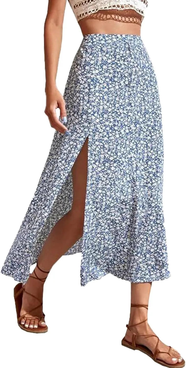 Womens 2024 Summer High Waisted Flowy Slit Midi Skirts Casual Lightweight Boho Floral Beach Skirt Sheer Skirt