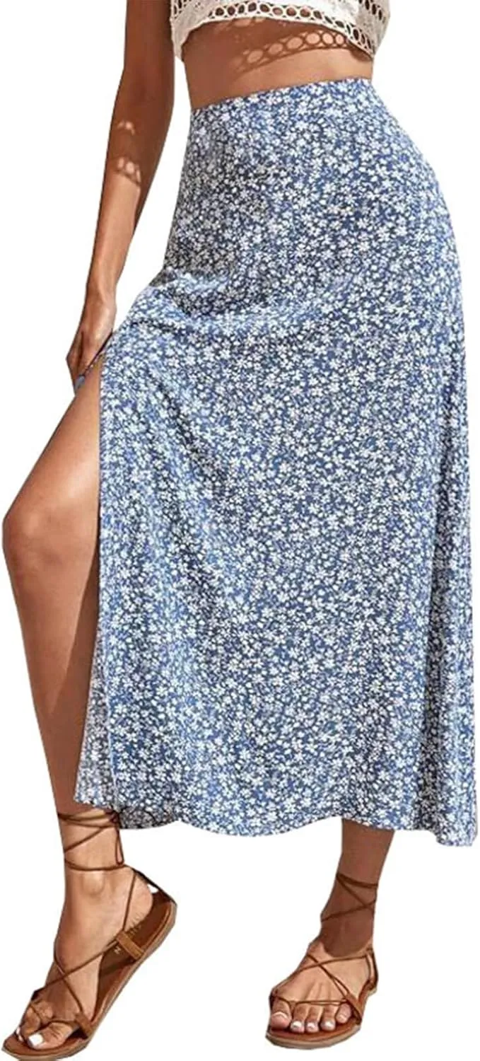 Womens 2024 Summer High Waisted Flowy Slit Midi Skirts Casual Lightweight Boho Floral Beach Skirt Sheer Skirt