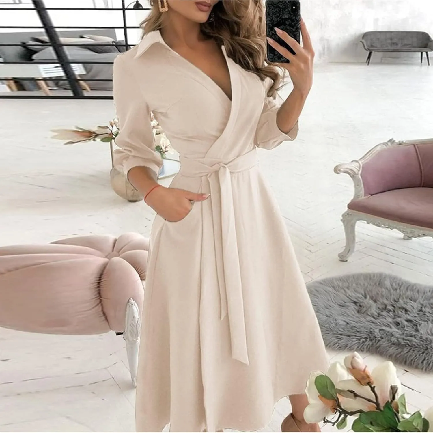 Womens 3/4 Short Sleeve Wrap Dress Lapel V Neck Shirt Dress Casual A Line Midi Dress with Pockets Professional Dresses