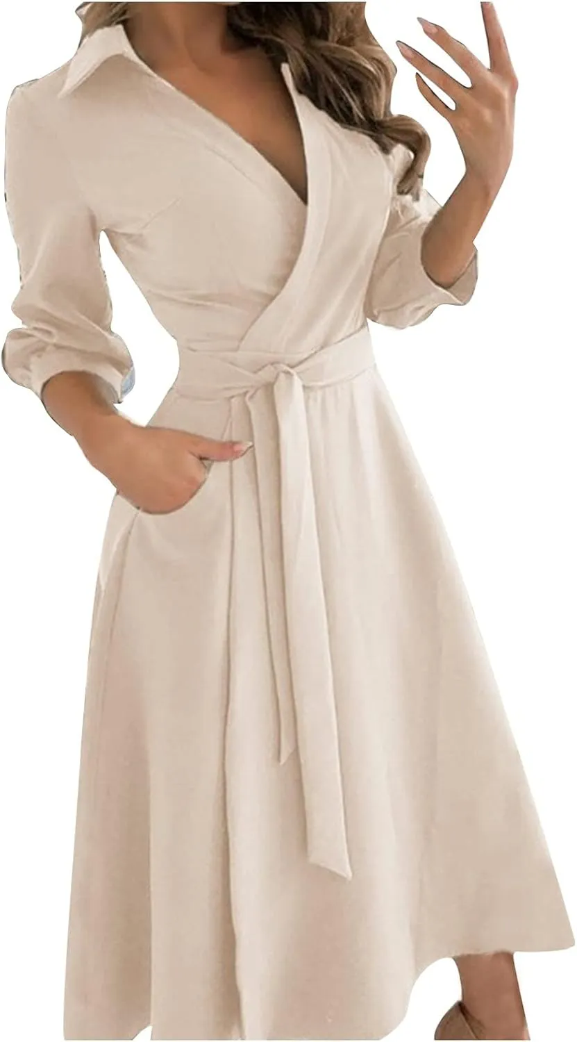 Womens 3/4 Short Sleeve Wrap Dress Lapel V Neck Shirt Dress Casual A Line Midi Dress with Pockets Professional Dresses