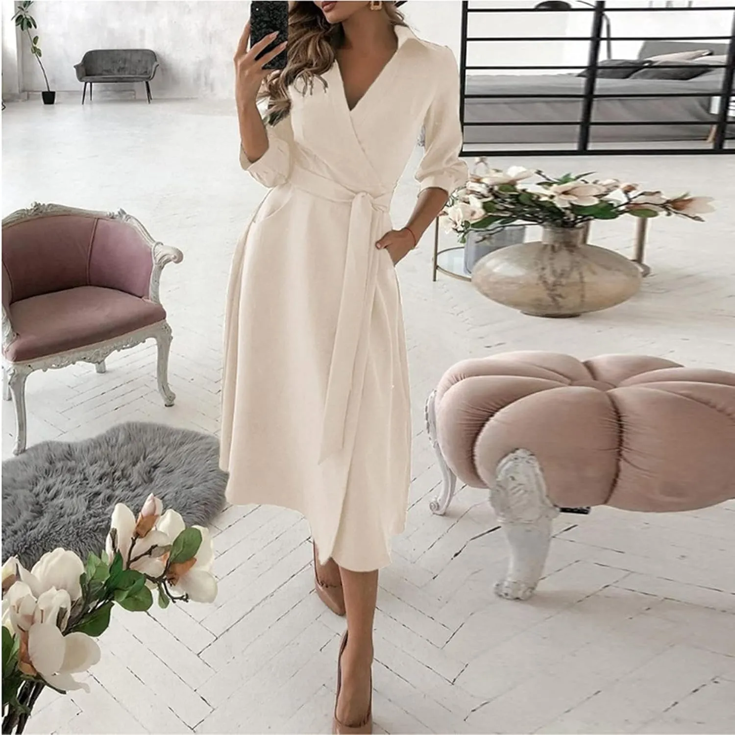 Womens 3/4 Short Sleeve Wrap Dress Lapel V Neck Shirt Dress Casual A Line Midi Dress with Pockets Professional Dresses