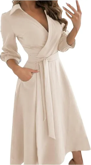 Womens 3/4 Short Sleeve Wrap Dress Lapel V Neck Shirt Dress Casual A Line Midi Dress with Pockets Professional Dresses