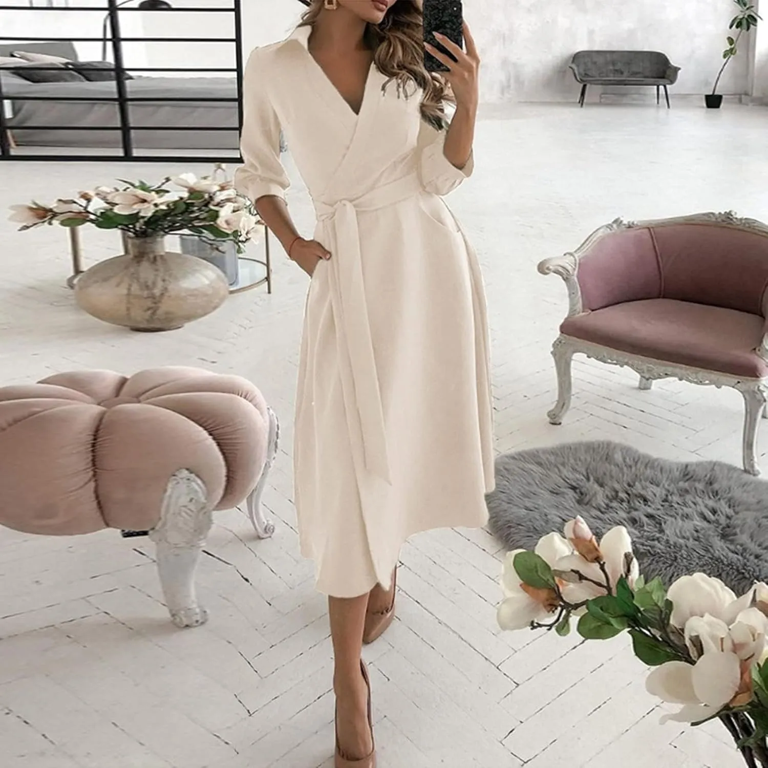 Womens 3/4 Short Sleeve Wrap Dress Lapel V Neck Shirt Dress Casual A Line Midi Dress with Pockets Professional Dresses