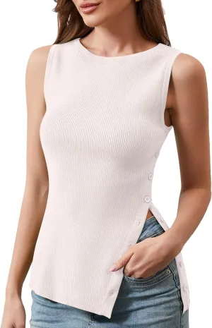 Womens Asymmetric Side Button Sweater Vest Y2k Sleeveless Boat Neck Side Split Sweater Trendy Ribbed Knit Tank Top