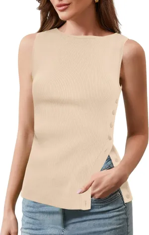 Womens Asymmetric Side Button Sweater Vest Y2k Sleeveless Boat Neck Side Split Sweater Trendy Ribbed Knit Tank Top