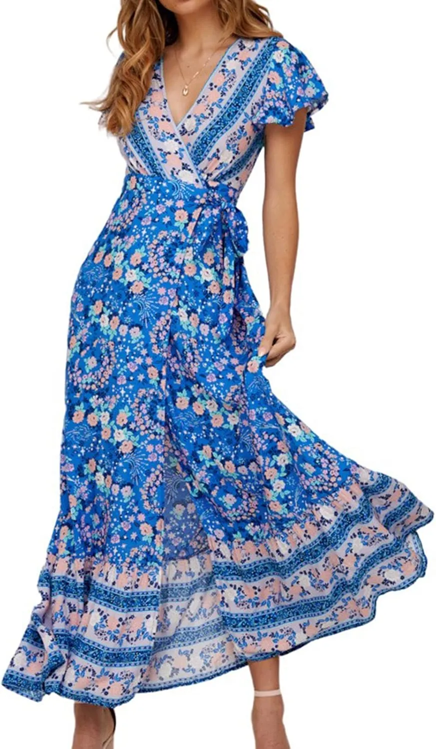 Women's Bohemian Dresses Short Sleeve Wrap V Neck Dress Summer Floral Print Dress Split Beach Party Maxi Dress