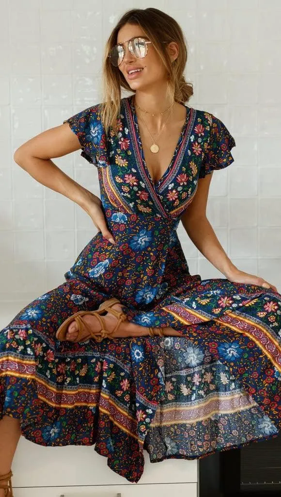 Women's Bohemian Dresses Short Sleeve Wrap V Neck Dress Summer Floral Print Dress Split Beach Party Maxi Dress