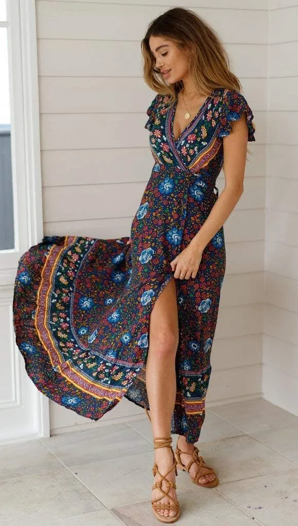 Women's Bohemian Dresses Short Sleeve Wrap V Neck Dress Summer Floral Print Dress Split Beach Party Maxi Dress