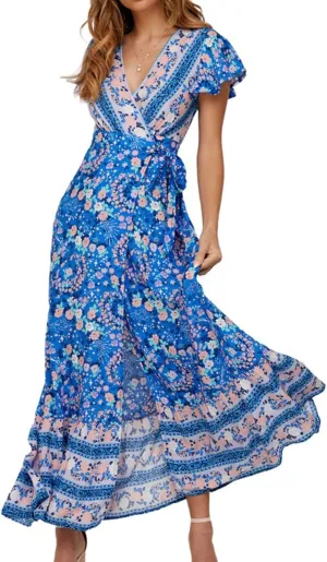 Women's Bohemian Dresses Short Sleeve Wrap V Neck Dress Summer Floral Print Dress Split Beach Party Maxi Dress