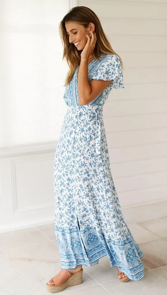 Women's Bohemian Dresses Short Sleeve Wrap V Neck Dress Summer Floral Print Dress Split Beach Party Maxi Dress