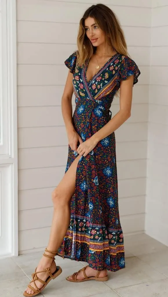 Women's Bohemian Dresses Short Sleeve Wrap V Neck Dress Summer Floral Print Dress Split Beach Party Maxi Dress
