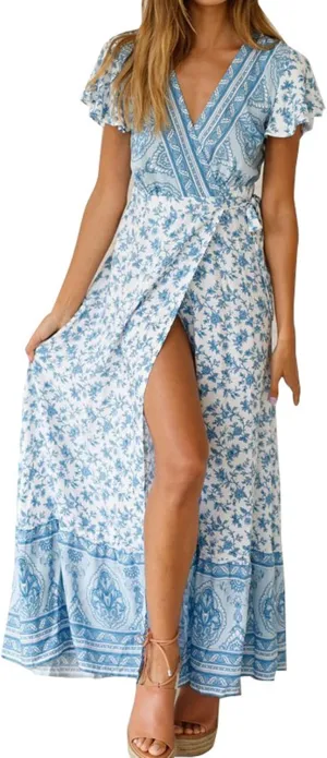 Women's Bohemian Dresses Short Sleeve Wrap V Neck Dress Summer Floral Print Dress Split Beach Party Maxi Dress