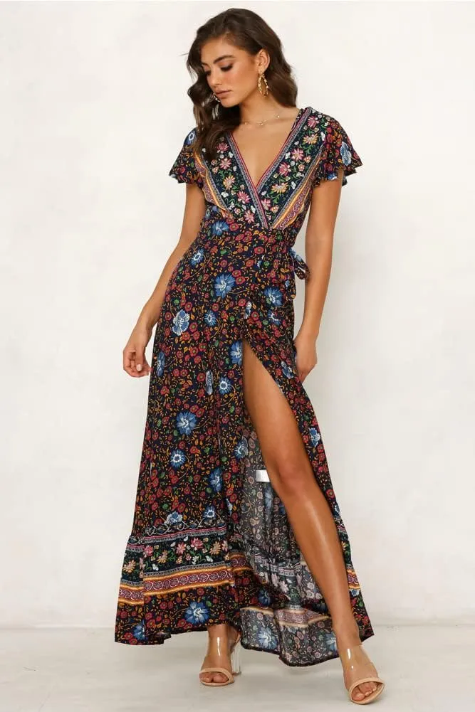 Women's Bohemian Dresses Short Sleeve Wrap V Neck Dress Summer Floral Print Dress Split Beach Party Maxi Dress