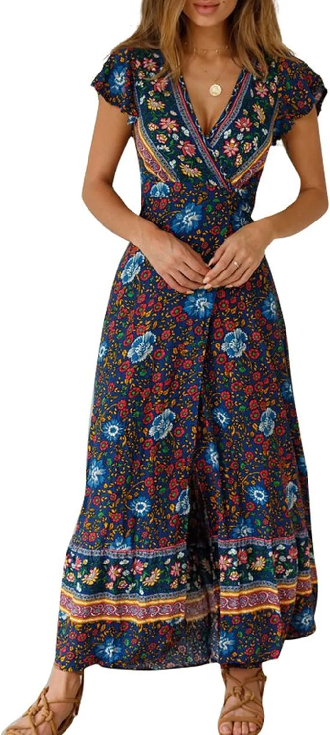 Women's Bohemian Dresses Short Sleeve Wrap V Neck Dress Summer Floral Print Dress Split Beach Party Maxi Dress