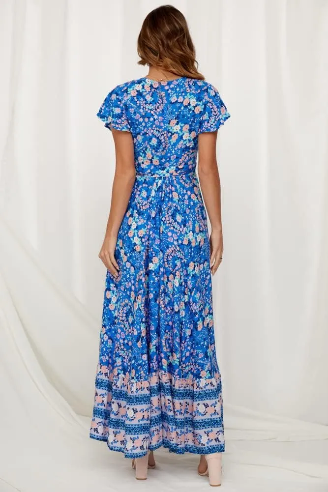 Women's Bohemian Dresses Short Sleeve Wrap V Neck Dress Summer Floral Print Dress Split Beach Party Maxi Dress