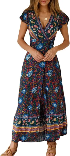 Women's Bohemian Dresses Short Sleeve Wrap V Neck Dress Summer Floral Print Dress Split Beach Party Maxi Dress