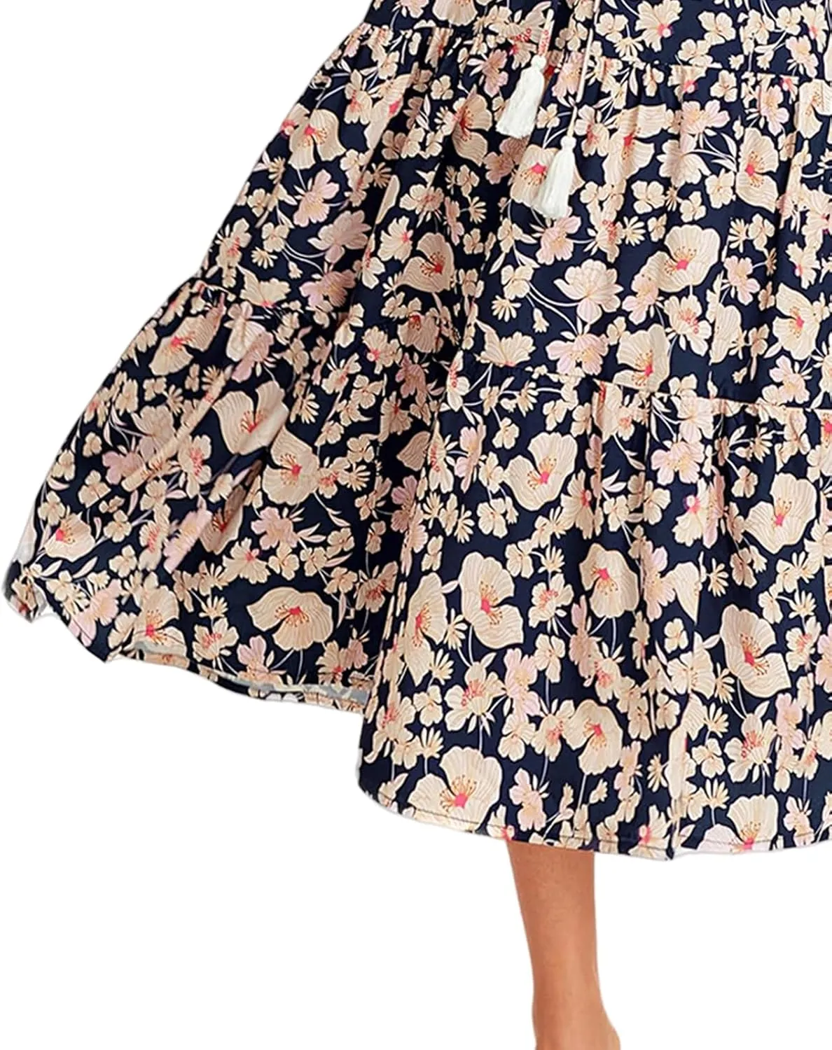 Womens Boho Dresses Summer Flowy V Neck Short Sleeve Midi Dress Casual Tummy Control Pleated Floral Printed Sundress
