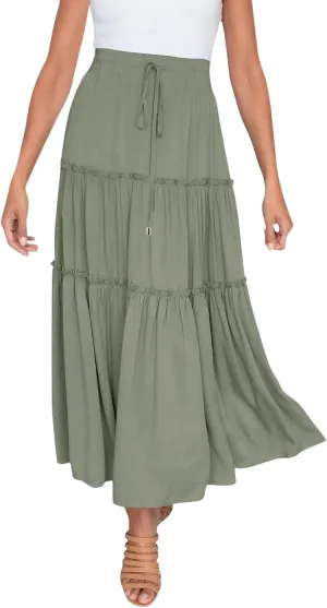 Womens Boho Long Skirts Summer Casual Elastic High Waisted A-Line Maxi Skirt Flowy Swing Ruffle Hem Holiday Skirt