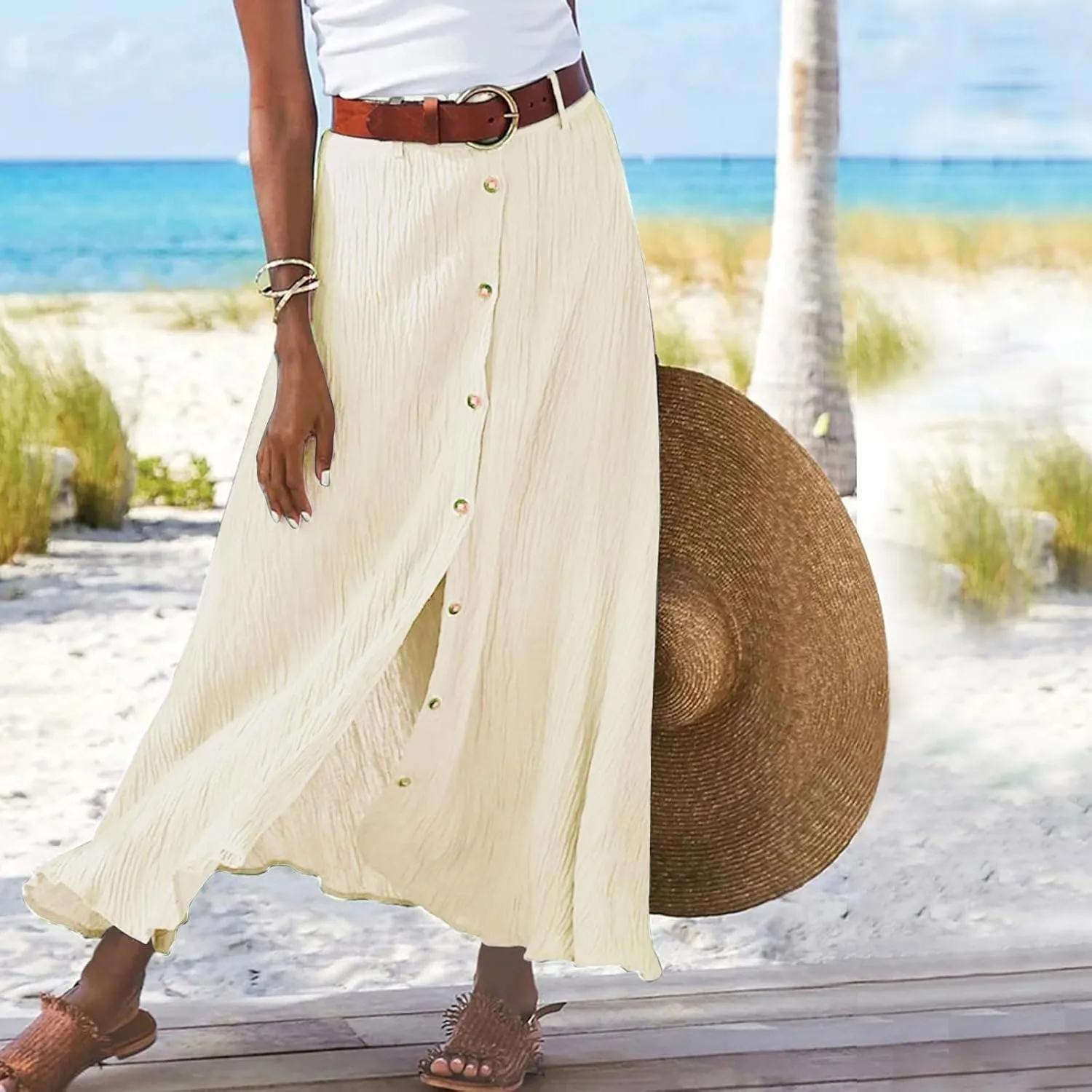 Womens Button Flowy Maxi Skirt 2025 Summer Casual High Waist A-Line Tiered Skirt Beach Vacation Outfits