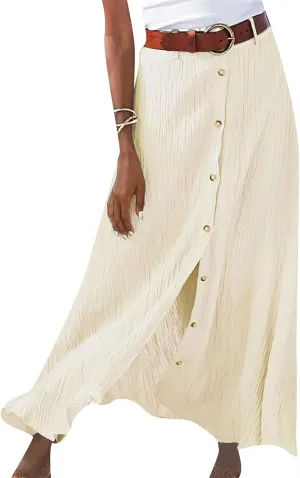 Womens Button Flowy Maxi Skirt 2025 Summer Casual High Waist A-Line Tiered Skirt Beach Vacation Outfits