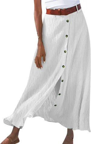 Womens Button Flowy Maxi Skirt 2025 Summer Casual High Waist A-Line Tiered Skirt Beach Vacation Outfits