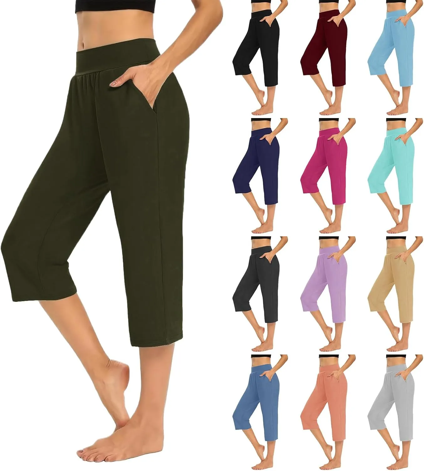 Women's Capri Pants Dressy Casual Cropped Leggings Lightweight High Waist Pants Workout Yoga Sweatpants with Pockets
