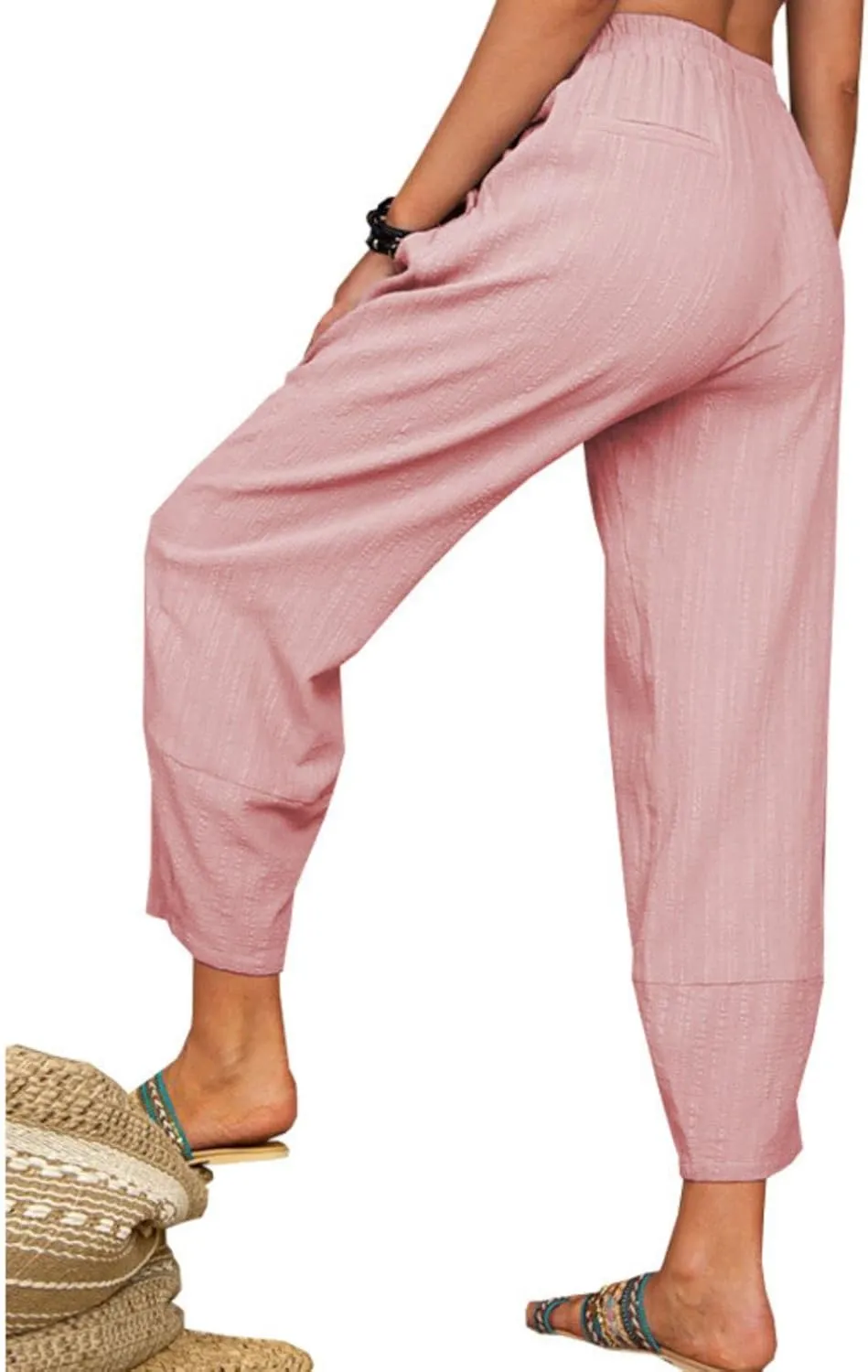 Womens Capri Pants Summer Breathable Linen Pants Elastic High Waisted Tapered Leg Pant Solid Beach Harem Pant Trousers