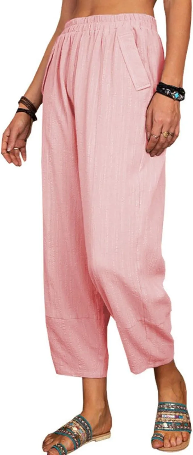 Womens Capri Pants Summer Breathable Linen Pants Elastic High Waisted Tapered Leg Pant Solid Beach Harem Pant Trousers