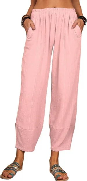 Womens Capri Pants Summer Breathable Linen Pants Elastic High Waisted Tapered Leg Pant Solid Beach Harem Pant Trousers