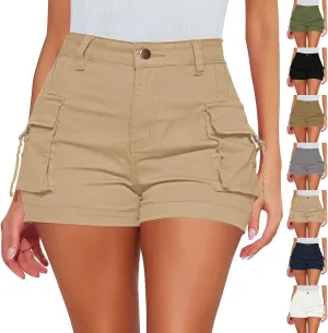 Womens Cargo Shorts Button High Waisted Pull On Shorts Summer Casual Utility Cut Off Shorts Jean Shorts with Pockets