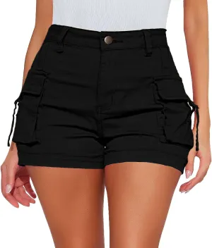 Womens Cargo Shorts Button High Waisted Pull On Shorts Summer Casual Utility Cut Off Shorts Jean Shorts with Pockets