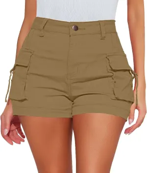 Womens Cargo Shorts Button High Waisted Pull On Shorts Summer Casual Utility Cut Off Shorts Jean Shorts with Pockets