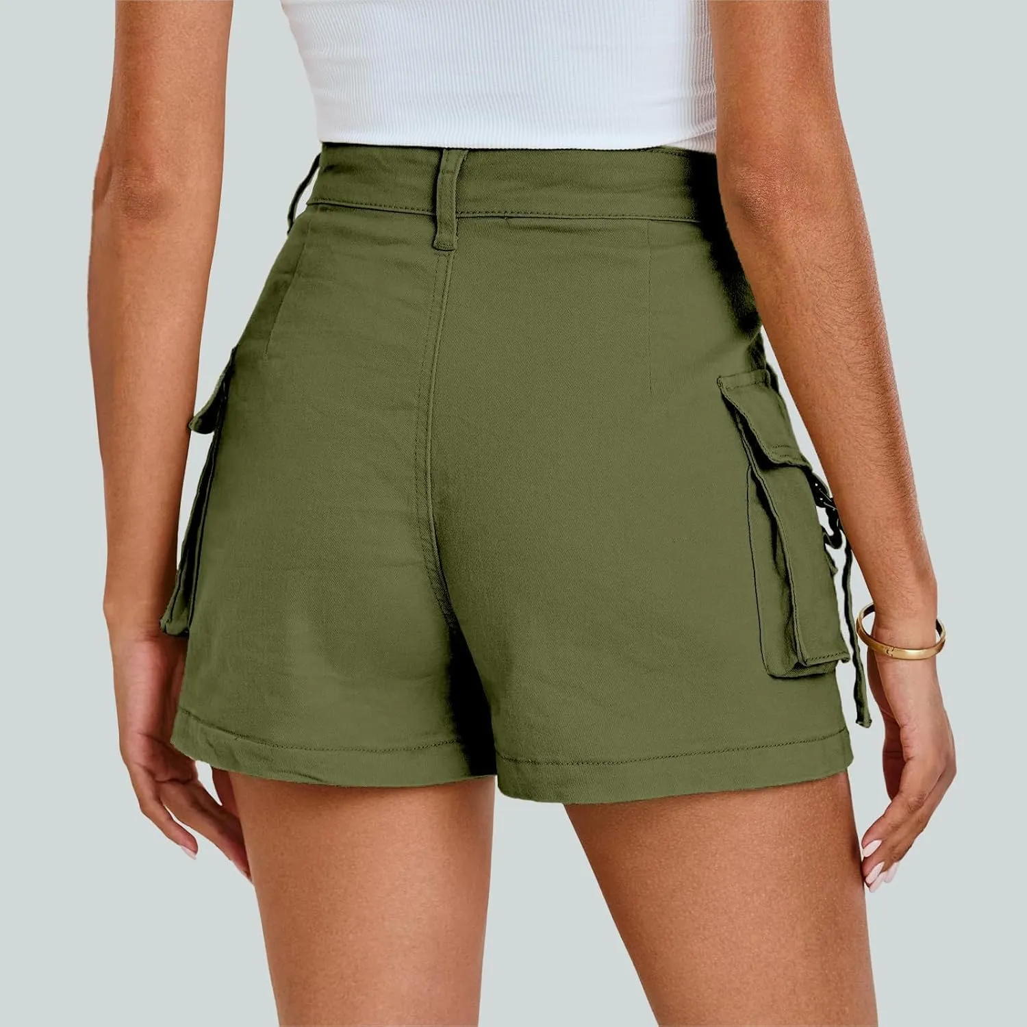 Womens Cargo Shorts Button High Waisted Pull On Shorts Summer Casual Utility Cut Off Shorts Jean Shorts with Pockets