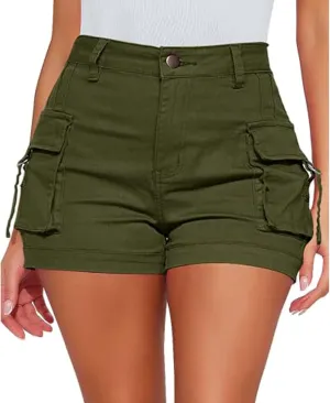Womens Cargo Shorts Button High Waisted Pull On Shorts Summer Casual Utility Cut Off Shorts Jean Shorts with Pockets