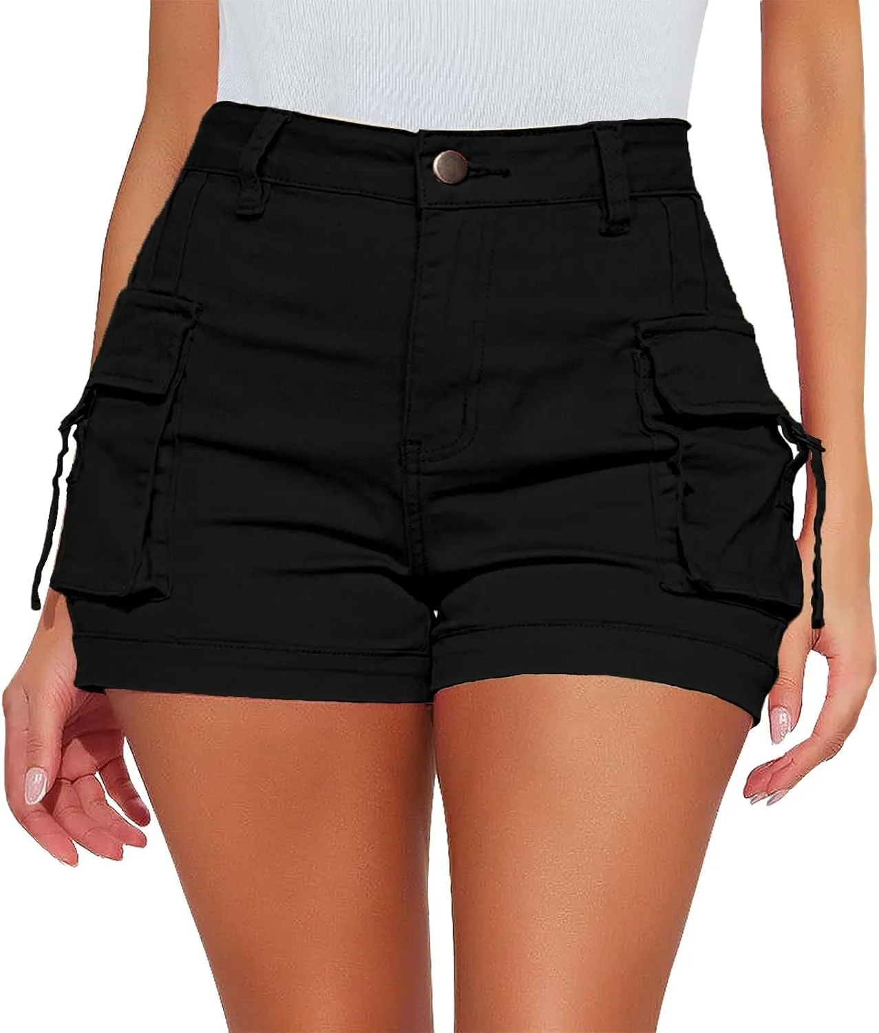 Womens Cargo Shorts Button High Waisted Pull On Shorts Summer Casual Utility Cut Off Shorts Jean Shorts with Pockets