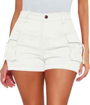 Womens Cargo Shorts Button High Waisted Pull On Shorts Summer Casual Utility Cut Off Shorts Jean Shorts with Pockets