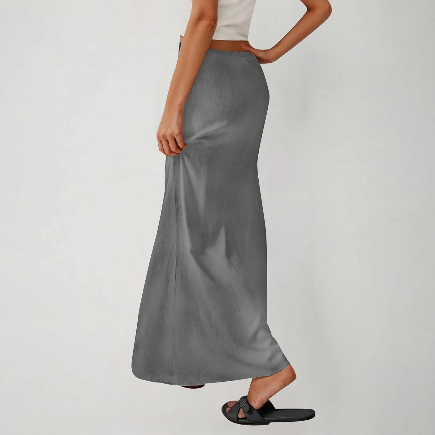 Womens Casual Maxi Skirts 2025 Summer Trendy Long Skirt Drawstring Waist Beach Vacation Soft Comfy Solid Work Clothes