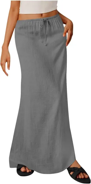 Womens Casual Maxi Skirts 2025 Summer Trendy Long Skirt Drawstring Waist Beach Vacation Soft Comfy Solid Work Clothes