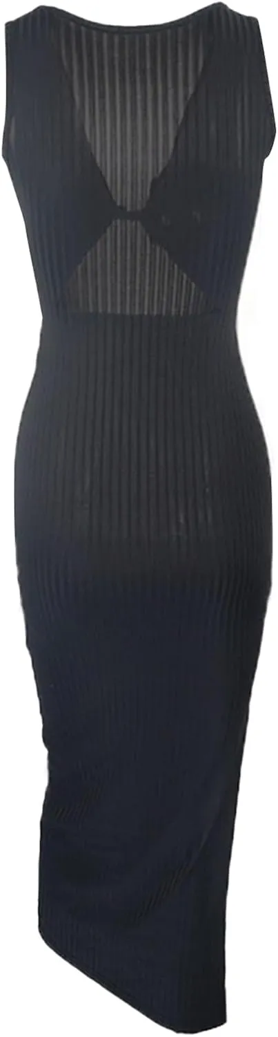 Women's Casual Sleeveless Cutout Front Side Slit Ribbed Knit Bodycon Midi Dresses Floral Summer Dresses for Women