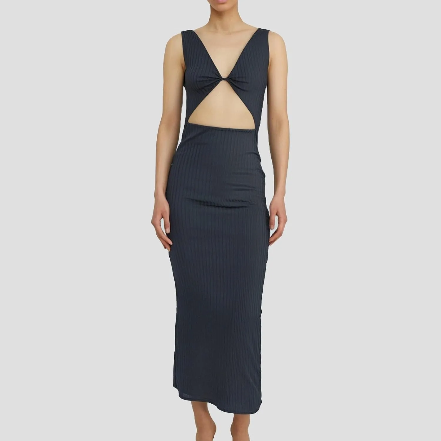 Women's Casual Sleeveless Cutout Front Side Slit Ribbed Knit Bodycon Midi Dresses Floral Summer Dresses for Women
