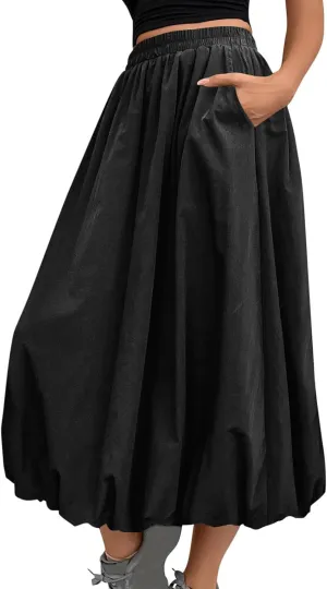 Womens Casual Solid Boho High Waisted Flowy Maxi Skirts Trendy Cute Long Skirts with Pockets 2025 Summer Fashion