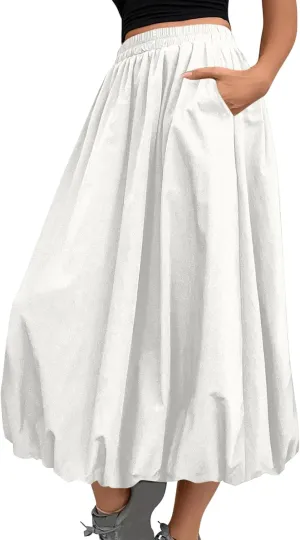 Womens Casual Solid Boho High Waisted Flowy Maxi Skirts Trendy Cute Long Skirts with Pockets 2025 Summer Fashion